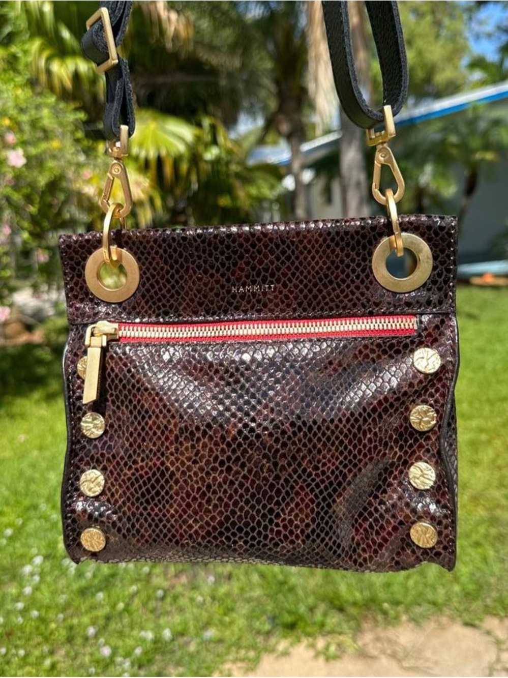 Hammitt Dark Burgundy Snake-Embossed Crossbody with Gold Hardware